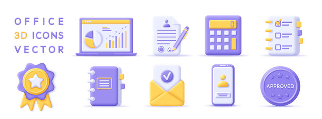 3d set office, business, finance, education icons. Render office symbol for desktop. 3d vector cartoon minimal illustration