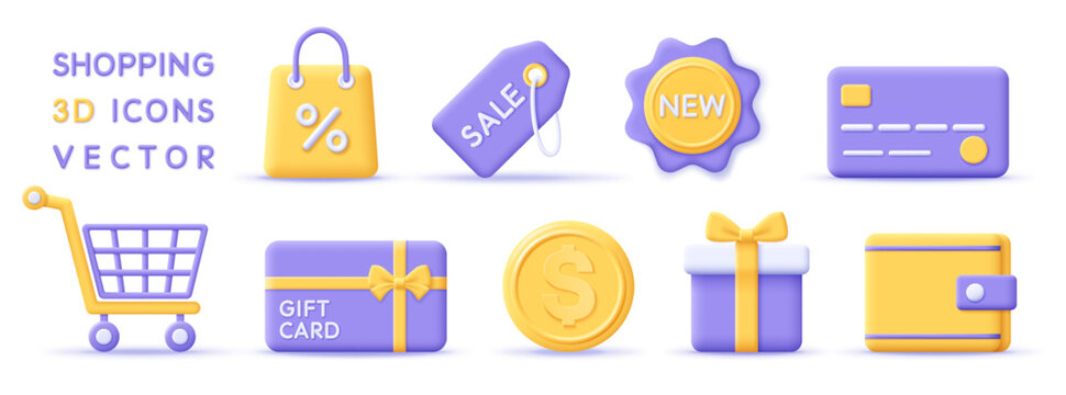 3d set online shopping icons. Render shopping symbol for discount concept, sale on goods and e-commerce. 3d vector cartoon minimal illustration