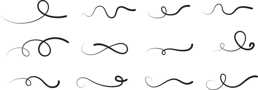 Curved Swooshes, Lettering Or Typography Black Elements. Decorative Retro Swoosh, Calligraphy Tails. Simple Liner Strokes Vector Set