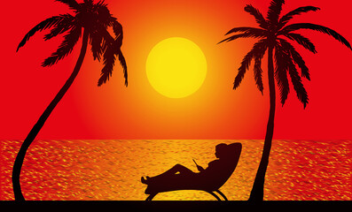 silhouette of a woman lying on a couch and palm trees against the backdrop of the setting sun over the sea