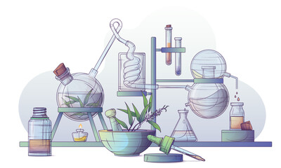 Technological production of essential oil and flower water. Steam distillation apparatus. Vector illustration of making tea tree oil in a chemical laboratory. Mortar and pestle.  - obrazy, fototapety, plakaty