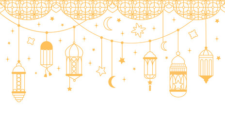 Arabic ornament lanterns ramadan kareem banner. Line islamic style decorations, islam outline decorative background. Oriental lamps decent vector template - obrazy, fototapety, plakaty