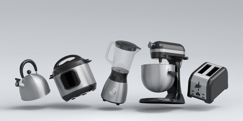 Electric kitchen appliances and utensils for making breakfast on white