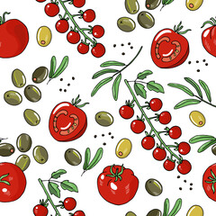 Tomatoes, bunch of cherry tomatoes, olives olive leaves and black pepper seamless pattern