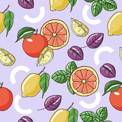 Lemon, oranges, grapefruit slice, basil leaves seamless pattern