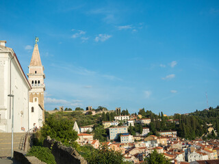 View of defensive walls and Saint George Church in Piran, Slovenia, Europe