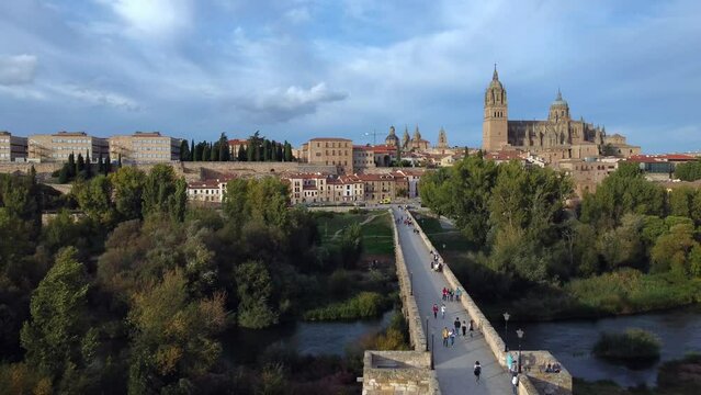 Aerial view of Salamanca with the cathedral and the roman bridge.