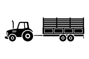 Farm wheeled tractor with trailer icon. Black silhouette. Side view. Vector simple flat graphic illustration. Isolated object on a white background. Isolate.