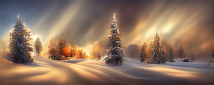 M&auml;rchenhafte Winterlandschaft Hintergrundbild mit Schnee und B&auml;ume in einer epischen Lichtstimmung, Winter Wunderland