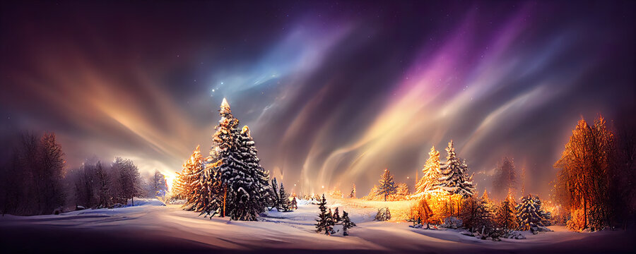 Märchenhafte Winterlandschaft Hintergrundbild mit Schnee und Bäume in einer epischen Lichtstimmung, Winter Wunderland