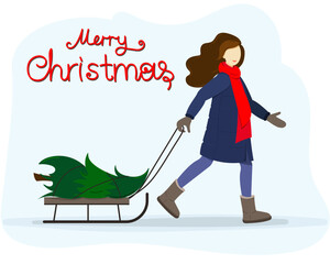 Merry Christmas. A girl is taking a Christmas tree home on a sleigh to dress it up for the Christmas holidays. Flat style.