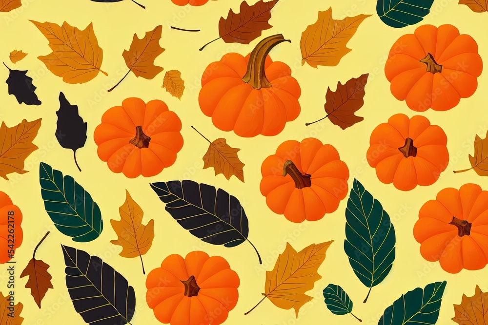 Poster Seamless pattern of autumn pumpkins and leaves. Multicolored autumn harvest in yellow and orange colors. Ripe juicy pumpkins and falling leaves. Autumn background. 2d illustrated illustration.