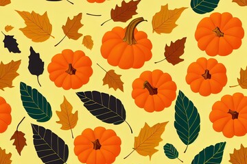 Seamless pattern of autumn pumpkins and leaves. Multicolored autumn harvest in yellow and orange colors. Ripe juicy pumpkins and falling leaves. Autumn background. 2d illustrated illustration.