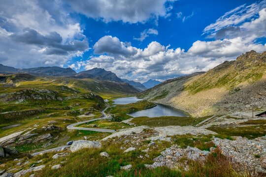 View of the beautiful Colle del Nivolet with lake and mountains in Gran Paradiso, Italy
