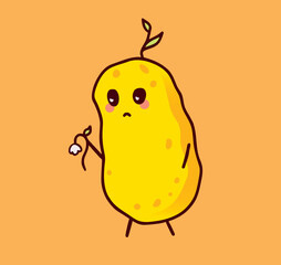 Cute sad potato character with withered flower cartoon vector. Vegetable food flat isolated illustration adulds children emotion emoji icon face hands and legs yellow modern kawaii depression therapy