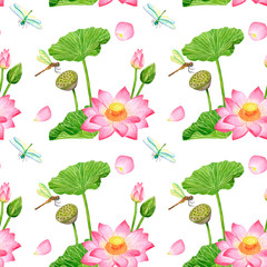 Watercolor seamless pattern with lotus flowers, seed boxes to create textures, backgrounds, packaging, textiles