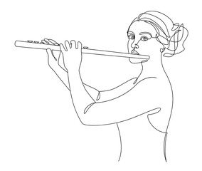 Silhouette of a beautiful woman with a flute in a modern continuous line style. Flute girl, slender. Continuous line drawing, decor aesthetic outline, posters, stickers, logo. Vector illustration. © Nataliia