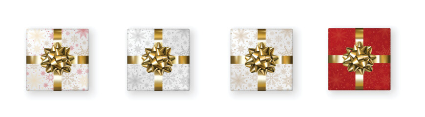 Set of gift boxes. Collection of realistic gift boxes. Flat lay, top view.