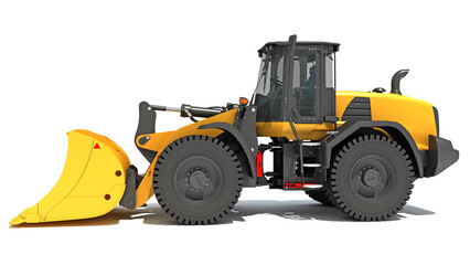 Wheel Loader heavy construction machinery 3D rendering on white background