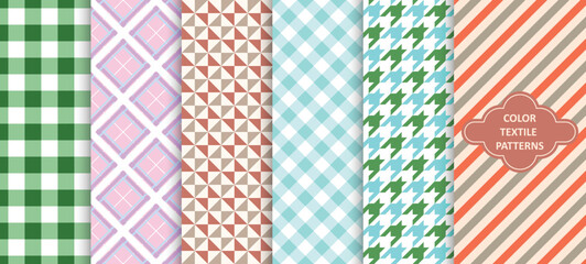 Collection of colorful seamless textile patterns. Trendy cloth endless prints. Repeatable unusual simple backgrounds