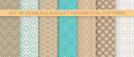 Collection of vector seamless geometric color patterns - elegant design. Ornamental repeatable luxury vintage backgrounds