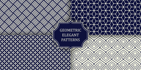 Collection of seamless ornamental elegant geometric patterns - blue and white design. Vector repeatable tile backgrounds, symmetric prints