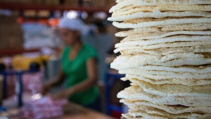 Production of tortillas in Casabe Factory, made with Yuca (Cassava) in Dominican Republic