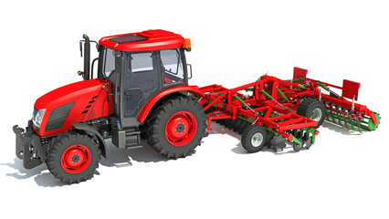 Tractor with Disc Harrow farm equipment 3D rendering on white background