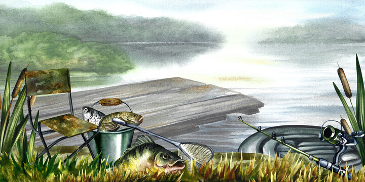Fishing banner. Watercolor illustration. Landscape of the river valley. A poster with a picturesque view