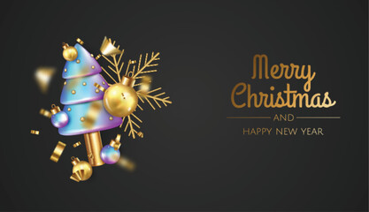 Happy New Year and Merry Christmas. Christmas holiday background with realistic 3d object, gold christmas balls, conical christmasl tree. Levitation falling design composition