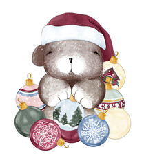 Cute plush fluffy baby teddy bear in a red cap with different decorative Christmas balls. Digital illustration in watercolor style. Christmas cartoon lovely little bear. Christmas greeting card