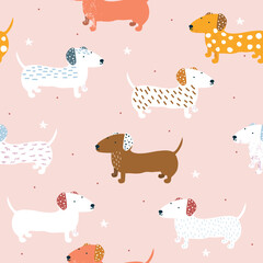 Seamless pattern with colorful dachshunds. Cute kids print. Vector hand drawn illustration. - 542264915