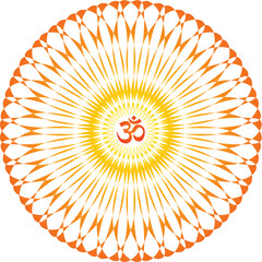 Openwork yellow-orange elegant mandala on a white background. The sign aum, om, ohm in the center. Yellow, orange colors. Vector graphics.