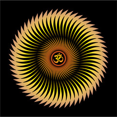 Openwork yellow-orange elegant mandala on a black background. The sign aum, om, ohm in the center. Yellow, orange colors. Vector graphics.