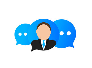 Chat icon, SMS icon, comment icon, tooltip with man. Vector illustration