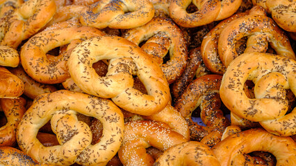 Delicious freshly baked traditional pretzels with cumin. Handmade at the country market
