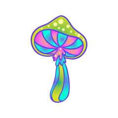 Magic mushrooms. Psychedelic hallucination. Vibrant vector illustration isolated on white. 60s hippie colorful art in vivid acid colors. Sticker, patch, poster graphic design.