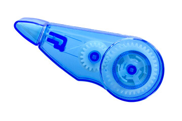 Top view of correction tape isolated on white background, top view. Close-up of a blue corrective...