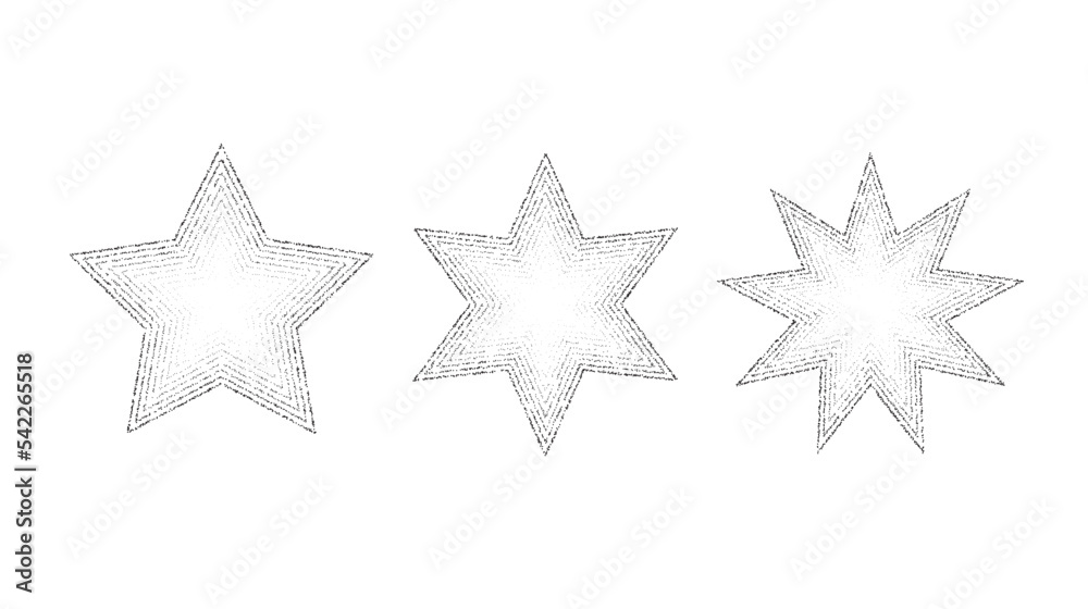 Poster Dotted grain stars set. Black stippled shapes collection. Various noise textured asterisks. Different halftone dot work stellar forms. Vector stochastic