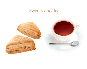 カフェースコーンと紅茶のイラストセットー手描き素材
