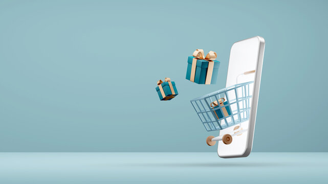 Shopping cart with gift boxes flies through the phone screen on teal background. Concept of modern selling, online shopping and christmas sale. 3d render illustration