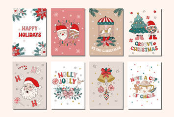 Set of hand drawn vector Christmas and winter holidays posters and cards, banners. Christmas greeting card,invitation template, banner design in modern retro vintage groovy 60s 70s style.