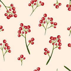 Seamless pattern. Christmas vibes. Holly branches with berries on a pink background. Festive textile print. Vector.