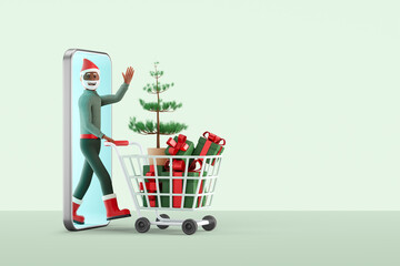 Stylized character comes out through smartphone screen together shopping cart with christmas tree and gift boxes. 3d illustration. Concept of online shopping, christmas sale. Pastel green background
