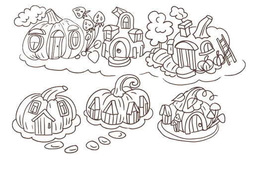 House pumpkin fabulous magical children's cartoon character forest mushrooms leaves hand drawn sketch doodle graphics separately on a white background