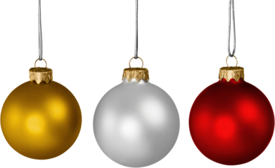 Three shiny christmas balls, red white and golden isolated on white