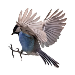 small blue tit in fast flight isolated on white