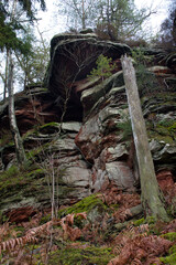 Log in front of rock formation on a winter day in the Palatinate forest of Germany.