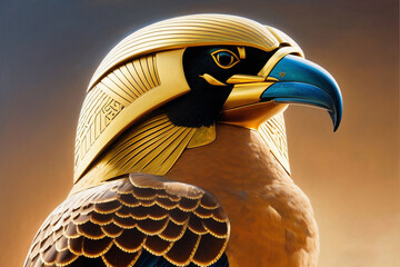 illustration closeup of egyptian bird god horus falcon headed blue beak and golden head armor - obrazy, fototapety, plakaty