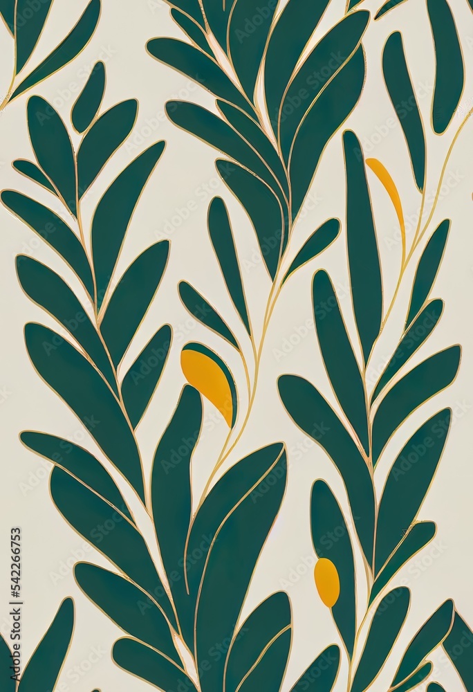 Sticker golden and green tropical leaves on a white background. seamless pattern in the style of jungalow an